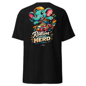 rollin’ with the herd elephant skates t shirt