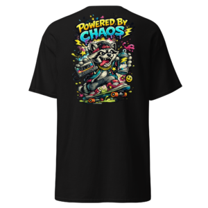 Black T-Shirt showing the Powered By Chaos back print
