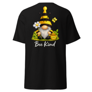 Back view of a black T-Shirt featuring a bee-themed gonk with yellow hat, flowers and honey details above “Bee Kind” lettering