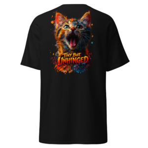 Back view of a black T-Shirt featuring a screaming orange-and-blue cat portrait beneath “Tiny But Unhinged” lettering