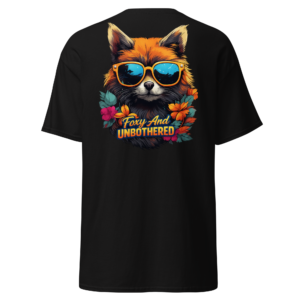 Back view of a black T-Shirt featuring a fox in blue sunglasses framed by orange and teal foliage beneath “Foxy And Unbothered” lettering