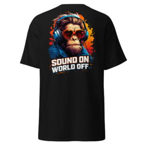 Black T-Shirt showing the Sound On World Off Monkey back print