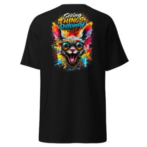 Back view of a black T-Shirt featuring a neon hare portrait in pink, blue, yellow and orange beneath “Seeing Things Differently” lettering