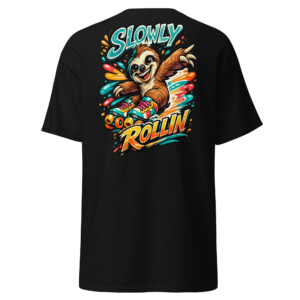 Back view of a black T-Shirt featuring a smiling sloth in roller skates beneath “Slowly Rollin’” lettering