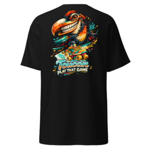Back view of a black T-Shirt featuring a colourful toucan in roller skates beneath “Toucan Play That Game” lettering