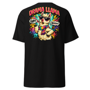 Back view of a black T-Shirt featuring a sunglasses-wearing llama surrounded by colourful speech bursts beneath “Drama Llama” lettering