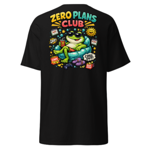 Back view of a black T-Shirt featuring a relaxed frog on a sofa surrounded by snacks and “Zero Plans Club” lettering