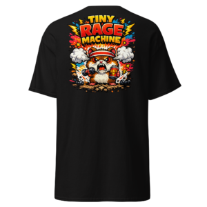 Back view of a black T-Shirt featuring an angry hamster with steam clouds beneath “Tiny Rage Machine” lettering