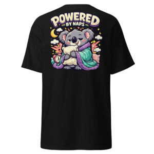 Back view of a black T-Shirt featuring a sleepy koala wrapped in a blanket beneath “Powered By Naps” lettering