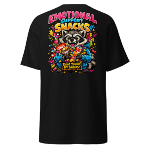 Back view of a black T-Shirt featuring a raccoon clutching snacks beneath “Emotional Support Snacks” lettering