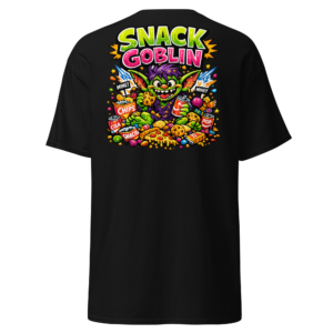 Back view of a black T-Shirt featuring a green goblin surrounded by crisps, sweets and snacks beneath “Snack Goblin” lettering