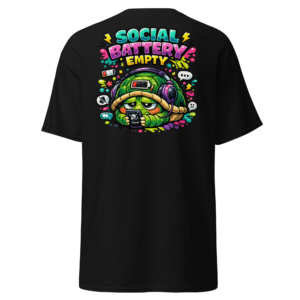 Back view of a black T-Shirt featuring a tired turtle with a low-battery device beneath “Social Battery Empty” lettering
