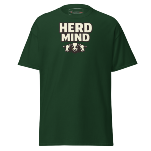 Front view of a forest-green T-Shirt featuring cream “Herd Mind” lettering above a small pair of cattle heads