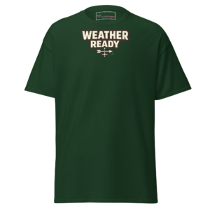 Front view of a forest-green T-Shirt featuring cream “Weather Ready” lettering above a compact weather-and-field symbol