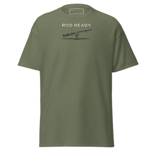 Front view of a military-green T-Shirt featuring the words “Rod Ready” above a compact rod and line detail