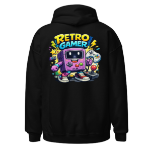 Back view of a black Hoodie featuring a colourful handheld games-console character with a screen face, buttons, joystick and controller details