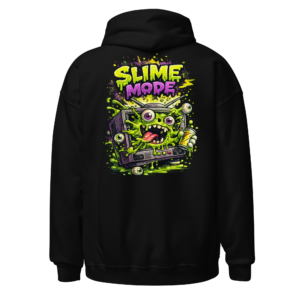 Back view of a black Hoodie featuring a wild green slime creature bursting from a cassette player beneath “Slime Mode” lettering