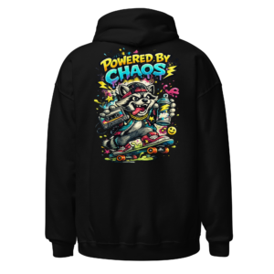 Black hoodie showing the Powered By Chaos back print