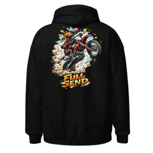 Back view of a black Hoodie featuring a motocross rider launching through a colourful mechanical graphic with “Full Send” lettering