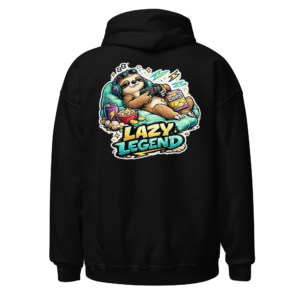 Back view of a black Hoodie featuring a relaxed sloth reclining with snacks, a drink and scattered treats beneath “Lazy Legend” lettering