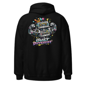 Back view of a black Hoodie featuring a detailed retro robot made from speakers, screens and mechanical parts, with “Built Different” lettering