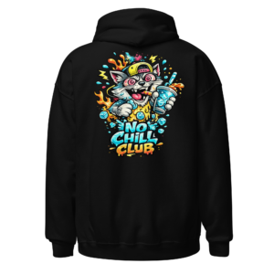 Back view of a black Hoodie featuring a grinning cartoon cat in sunglasses holding a blue drink beneath “No Chill Club” lettering