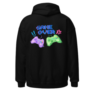 Back view of a black Hoodie featuring two colourful game controllers beneath bold pixel-style “Game Over” lettering