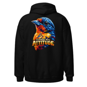 Back view of a black Hoodie featuring a bright blue-and-orange bird portrait with “Feathers With Attitude” lettering