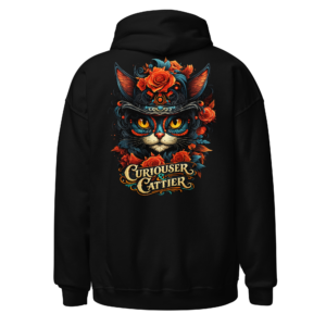 Back view of a black Hoodie featuring an ornate orange-and-blue cat portrait with flowers and “Curiouser and Curiouser” lettering