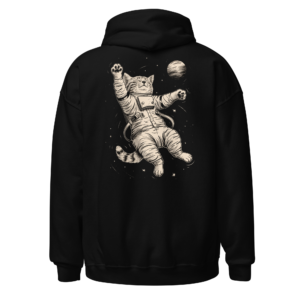 Back view of a black Hoodie featuring an astronaut cat floating beside a small planet and moon