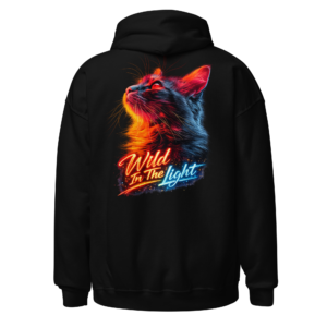 Back view of a black Hoodie featuring a fox portrait lit in vivid red, orange and electric blue with “Wild In The Light” lettering