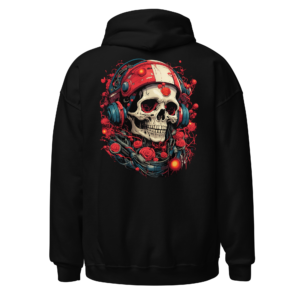 Back view of a black Hoodie featuring a skull in a red cyberpunk helmet, surrounded by red mechanical and floral details
