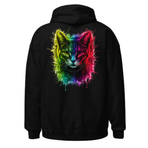 Back view of a black Hoodie featuring a cat portrait split into electric green, blue, pink and yellow