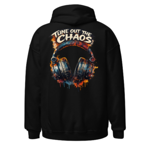 Back view of a black Hoodie featuring a pair of headphones surrounded by energetic orange-and-blue sound details and “Tune Out The Chaos” wording