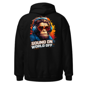 Black hoodie showing the Sound On World Off Monkey back print