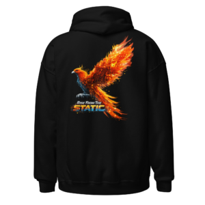 Back view of a black Hoodie featuring a fiery orange phoenix rising above “Rise From The Static” lettering