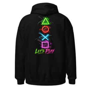 Hoodie featuring neon-style triangle, circle, cross and square gaming symbols with “Let’s Play” wording beneath