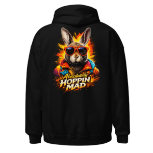 Back view of a black Hoodie featuring a rabbit in orange sunglasses and a vivid jacket against an explosive red-and-yellow background, with “Absolutely Hoppin’ Mad” lettering