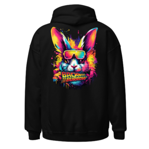 Back view of a black Hoodie featuring a neon rabbit in sunglasses against pink, blue and yellow paint splashes, with “Back To The Burrow” lettering