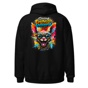 Back view of a black Hoodie featuring a neon hare portrait in pink, blue, yellow and orange beneath “Seeing Things Differently” lettering