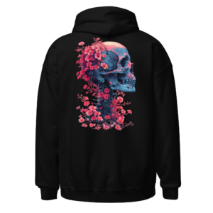 Back view of a black Hoodie featuring a blue-and-pink skull dissolving into a trail of vivid blossoms