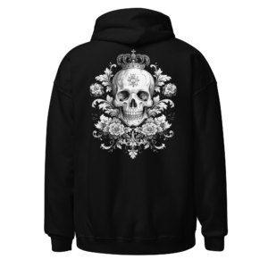 Back view of a black Hoodie featuring a pale skull crowned with ornate monochrome flowers and foliage