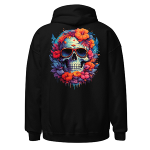 Back view of a black Hoodie featuring a bright skull framed by saturated orange, blue and pink flowers