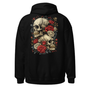 Back view of a black Hoodie featuring two pale skulls intertwined with red roses and dark leaves