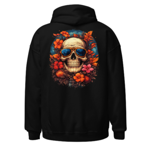 Back view of a black Hoodie featuring a sunglasses-wearing skull framed by orange flowers