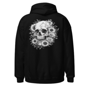 Back view of a black Hoodie featuring a monochrome skull surrounded by dense white flowers and botanical detail