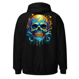 Back view of a black Hoodie featuring a vivid blue-and-yellow skull with molten neon drips and orbiting dots