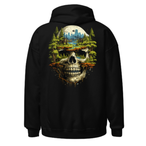 Back view of a black Hoodie featuring a skull containing a moonlit woodland scene, trees and reflective water