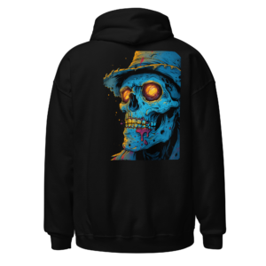 Black hoodie showing the Out There Zombie back print