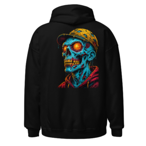 Back view of a black Hoodie featuring a colourful undead figure in a cap, shown in electric blue, orange and red